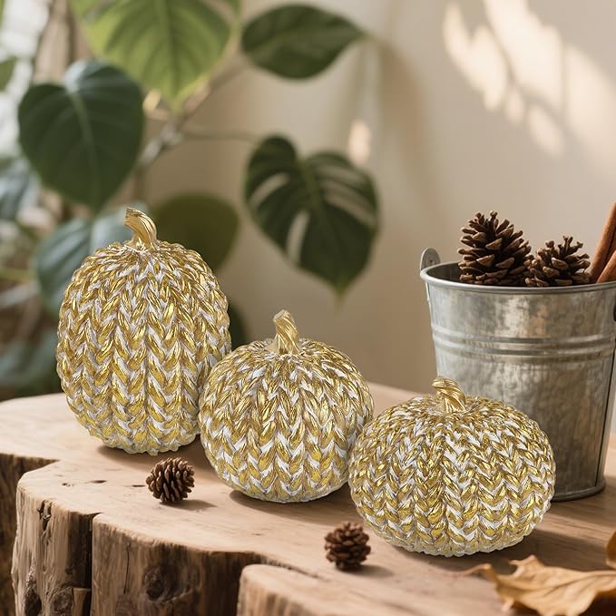 winemana Fall Decorations for Home Set of 3, Gold & White Resin Pumpkin Decor with Woven Design - Thanksgiving Table Centerpiece, Mantel, Indoor & Outdoor Farmhouse Autumn Décor