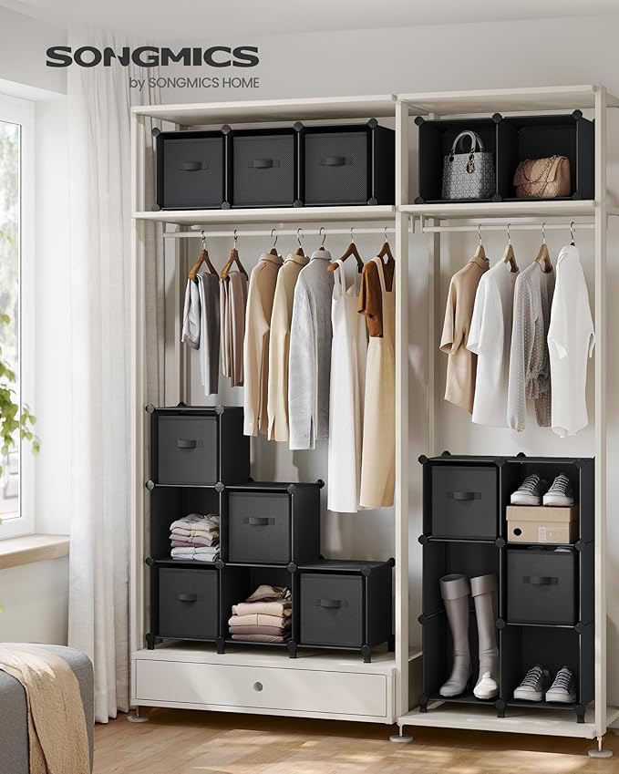 SONGMICS Cube Storage Organizer with Storage Boxes, Set of 16-Cube Organizer, 16 Collapsible Non-Woven Fabric Bins, Customizable, Bedroom, Living Room, Ink Black and Dove Gray ULPC162B01
