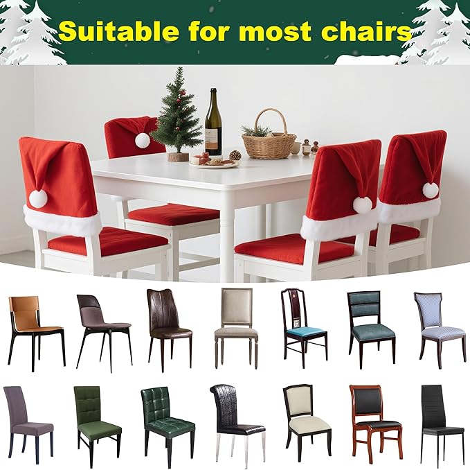 Christmas Chair Covers Hat Chair Back Covers for Xmas Holiday Chair Covers Set of 4, Stretch Parsons Chair Slipcovers Removable Washable Kitchen for Home Hotel Banquet Holiday Decoration
