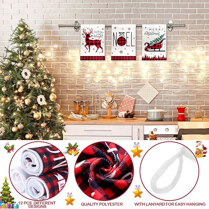 12 Pcs Christmas Kitchen Towels and Dishcloths Absorbent Christmas Tree Reindeer Truck Hand Dish Towels Decoration for Xmas Home Gift Supplies, 14.2 x 21.3 Inch(Buffalo Plaid)