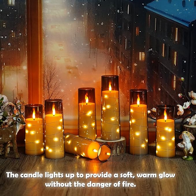 Flameless LED Candles with Timer 24 Pc Flickering Flameless Candles for Romantic Ambiance and Home Decoration Stable Acrylic Shell,with Embedded Star String,Battery Operated Candles(Grey)