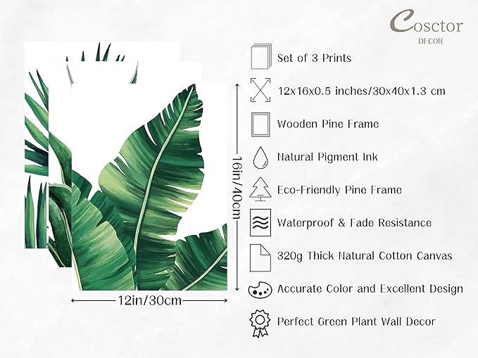 COSCTOR Botanical Wall Art Set of 3 Bathroom Green Plant Tropical leaf Picture Framed Prints for Home Living Room Bedroom Restroom Decoration(Framed,12x16)
