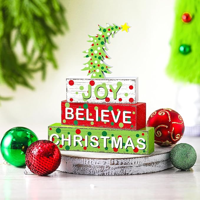 Geelin 4 Pcs Christmas Wooden Tabletop Decor Christmas Tree Tiered Tray Decor Xmas Red and Green Centerpiece Rustic Decorative Block Signs Gift Farmhouse Table Decoration for Home Kitchen