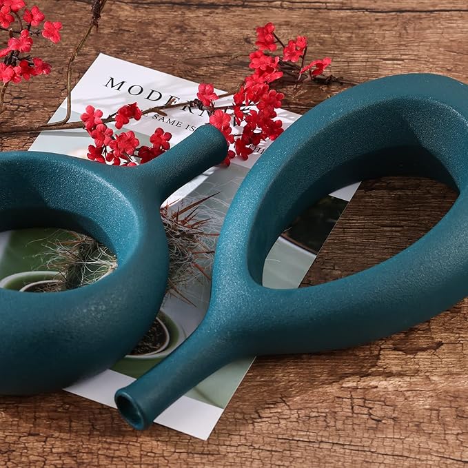 Green Ceramic Hollow Elliptical Vase Set of 2 - Boho Circle Vase with Hole, for Modern Green Table Decor, Living Room Decor Shelf mid Century Modern Home Entrance Decorative vase