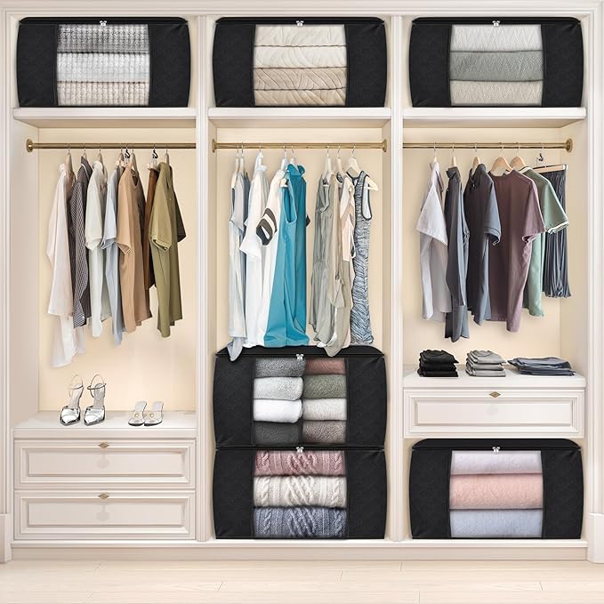 Fab totes 90L Clothes Storage, Foldable Thick Fabric Blanket Storage Bags, Containers for Organizing Bedroom, Closet, Clothing, Comforter, Organization with Handle (10 Pack,Black)