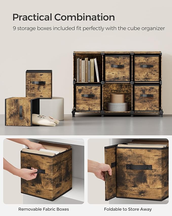 SONGMICS Cube Storage Organizer with Storage Boxes, Set of 9-Cube Organizer, 9 Collapsible Non-Woven Fabric Bins, Customizable, Space-Saving, Bedroom, Rustic Brown ULPC092K01