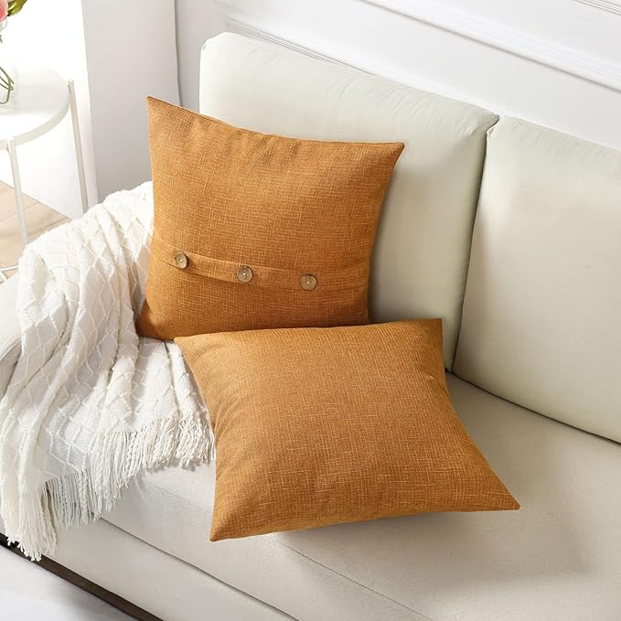 HAUSSY Burnt Orange Linen Decorative Throw Pillow Covers 22x22 Inch Set of 2,Square Cushion Case with 3 Vintage Buttons,Modern Farmhouse Home Decor for Couch,Bed