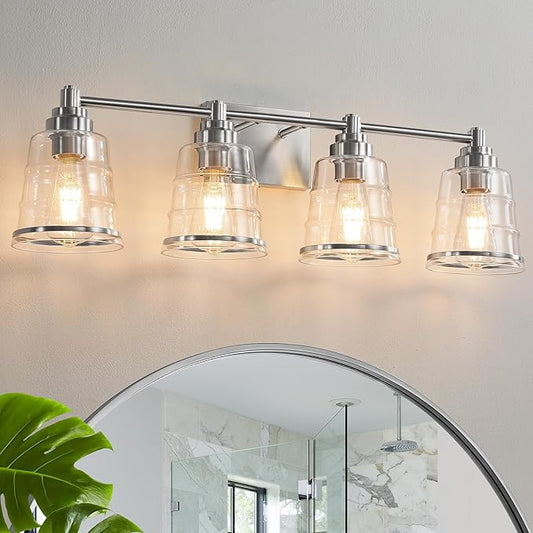 Brushed Nickel Bathroom Vanity Light Fixture, 4 Light Bathroom Light Fixtures Over Mirror with Clear lampshade and Metal Base Sconce,29.1 inch Modern Vanity Light for Bathroom(Exclude E26 Bulb)
