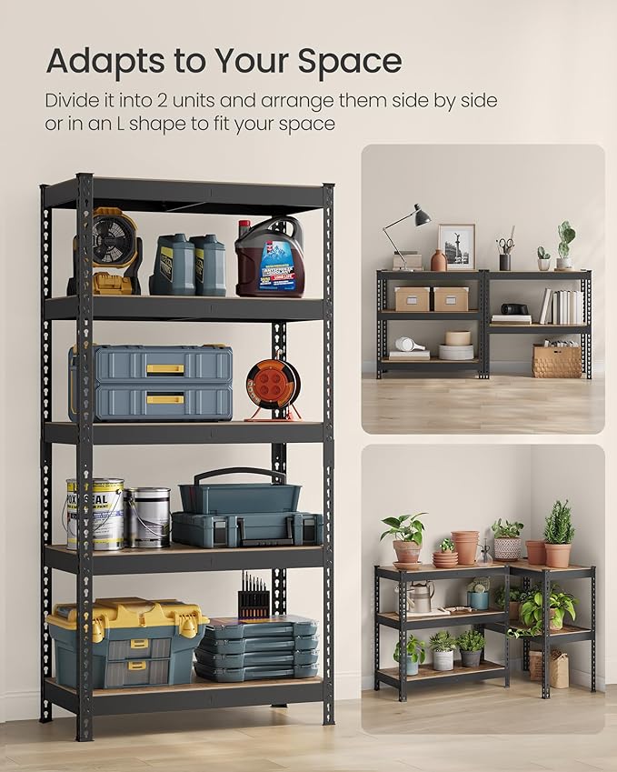 SONGMICS 5-Tier Storage Shelves, Load 2310 lb, Garage Storage, Boltless Assembly, Adjustable Shelving Unit, 17.7 x 35.4 x 70.9 Inches, for Study Shed Basement, Black and Rustic Brown UGLR450B11