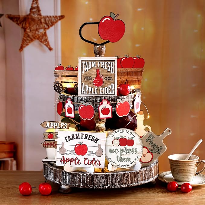 19 Pcs Vintage Fall Tiered Tray Decor Autumn Farmhouse Home Decorations Set Fall Wood Tray Decor Autumn Thanksgiving Day Decorative Sign for Tabletop Kitchen Office Decorations