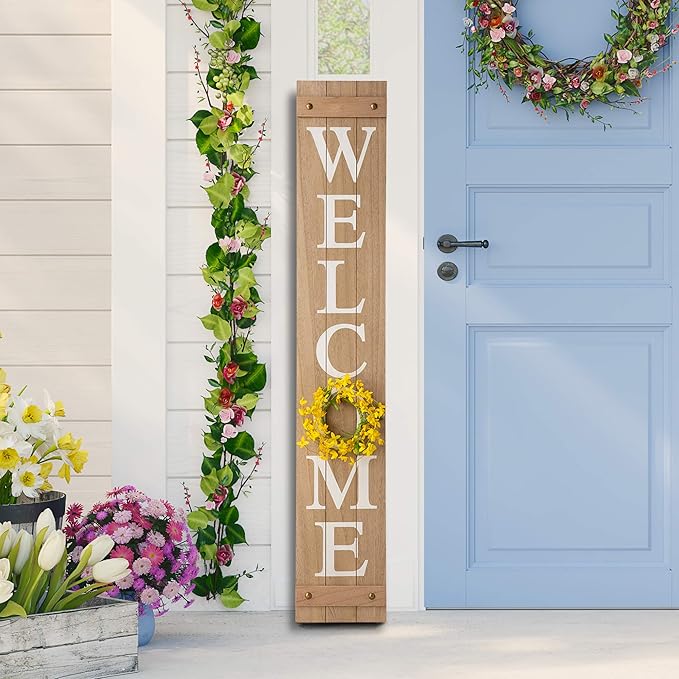 Glitzhome Welcome Sign with 4 Interchangeable Floral Wreaths for Front Door Porch, Farmhouse Wooden Hanging Wall Sign for Seasons Spring Fall Harvest Thanksgiving Christmas, 60”H, Natural