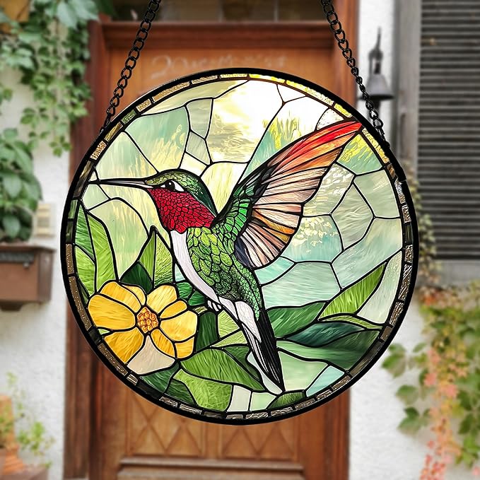 Stained Glass Window Hanging, Green Hummingbird Sun Catcher for Door Home Decor, Birds Suncatcher Christmas Mother's Day Birthday Gifts for Bird Lovers Women Men Mom and Nana 6.3 in