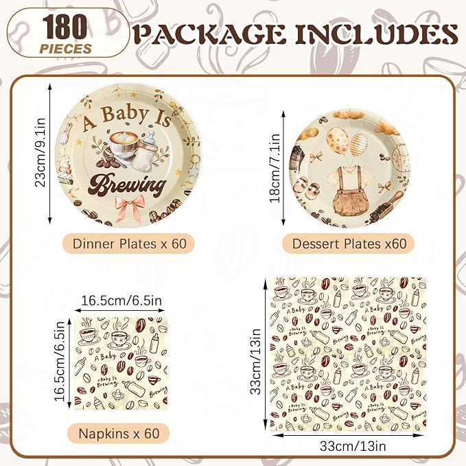 180Pcs Coffee Baby Shower Party Supplies Paper Plates and Napkins Serve 60 Disposable Tableware Set for A Baby is Brewing Baby Shower Decoration and Pregnancy Party