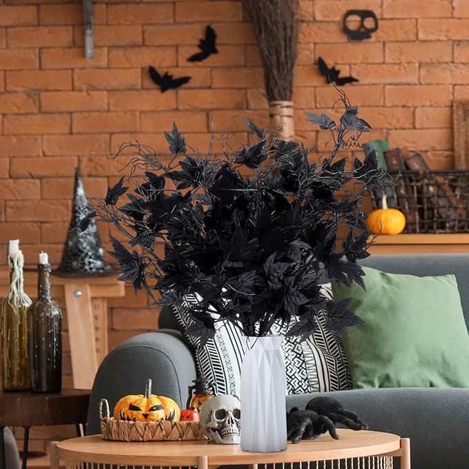 12 Pcs 19.7 Inch Artificial Halloween Flowers Decorations Black Floral Stem Leaves Picks Branches Black Gothic Halloween Table Decorations for Home Indoor Party Vase Arrangement Decor
