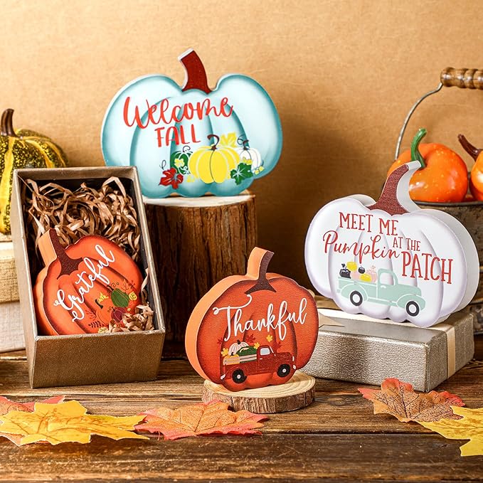 Jetec 4 Pcs Fall Decor for Home Thanksgiving Tiered Tray Decoration Fall Desk Decor Pumpkin Table Centerpiece Welcome Rustic Wood Block Sign for Office Autumn Table Mantel Decoration(Multicolor)