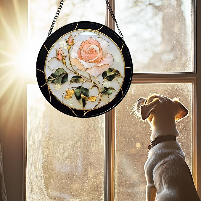 Stained Glass Window Hanging - Black White Pink Rose Sun Catcher for Door Home Decor Flower Suncatcher Christmas Mother's Day Birthday Gifts for Women Men Lovers Mom Nana 9.8 in