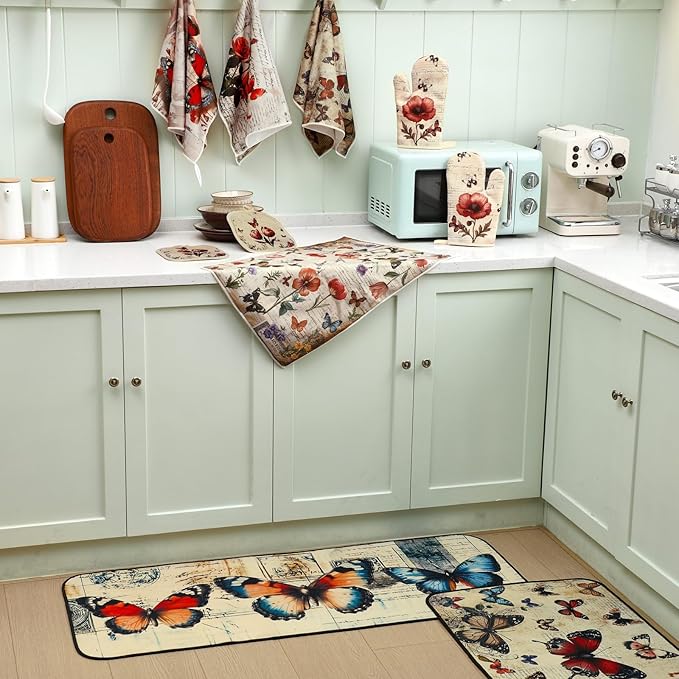 10 Pcs Butterfly Kitchen Decor Sets, 4 Butterfly Kitchen Dish Towels 2 Pot Holders 2 Oven Mitts Glove Non Slip Rugs and Mats for Floor Home Decorations Accessories Christmas Farmhouse Gifts