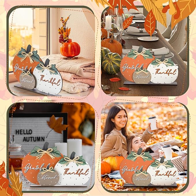 Soaoo Fall Pumpkin Table Decorations Wooden Thankful Blessed Centerpiece Autumn Grateful Tabletop Decor Farmhouse Harvest Pumpkin Block Signs for Party Rustic Table Shelf Decor Home(Vintage)