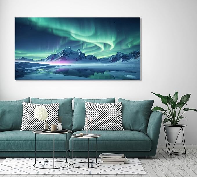 ZESTFLICKR Wall Art canvas prints Aurora Snow Mountain Lake photography Picture Modern Wall Art for romantic gifts Living Room Home Office Decor(20x40inch)