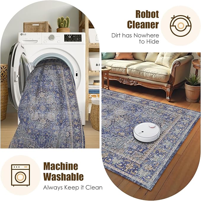 Washable Area Rug 5' x 7' Vintage Traditional Persian Mat - Foldable Distressed Non-Slip Machine Washable Carpet for Living Room Bedroom Kitchen Home Decor - Indigo and Gold