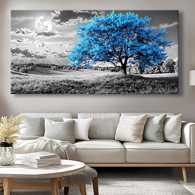 Blue Tree Canvas Wall Art - Modern landscape Paintings for Living Room, Bedroom Wall Decor, Framed Wall Art for Home or Office Decoration, Large Wall Art 20"x40"(50CMx100CM)