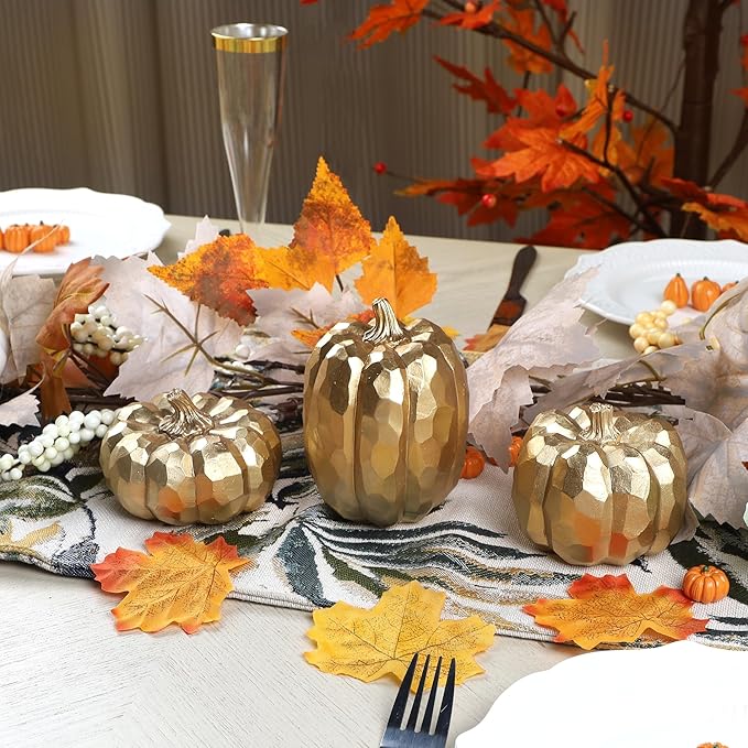 winemana 3 Pack Gold Pumpkins for Decorating – Fall & Thanksgiving Decorations for Home, Table, Fireplace Mantel, Office, Elegant Decorative Pumpkin Autumn Indoor Decor