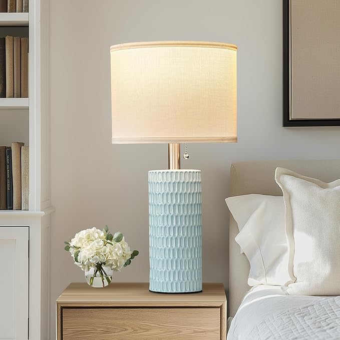 Table Lamps for Living Room Set of 2, Ceramic Table Lamps for Bedroom, 20" Modern Lamps for Night Stands, Blue