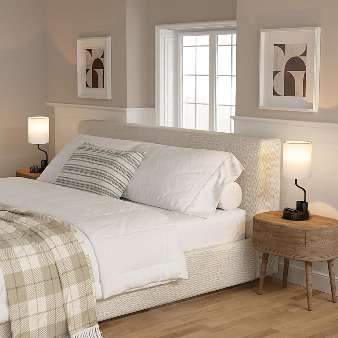 White Bedside Table Lamps for Bedroom Set of 2 - Nightstand Light with AC Outlet and USB A & C for Charging, 3 Color Temperatures Desk Lamp with Pen Holder & Phone Stand for Living Room/Dorm/Office