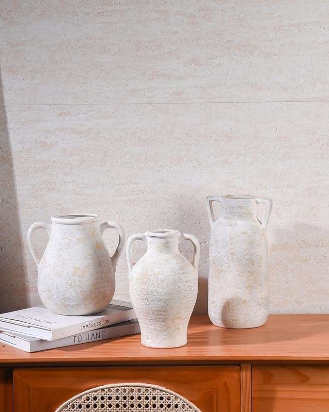 Beige Ceramic Vase Set of 3, Handmade Rustic Farmhouse Vases with Handles, Glazed Interior, Aged Eroded Texture Finish, Boho Home Decor for Table, Shelf, Mantel, Flower Arrangement