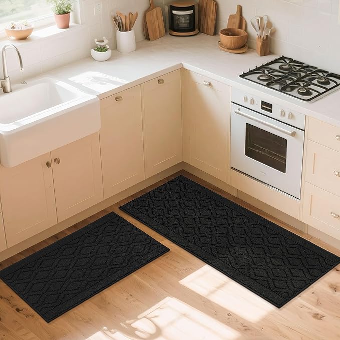 COSY HOMEER 48x20 Inch/30X20 Inch Kitchen Rug Mats Made of 100% Polypropylene 2 Pieces Soft Kitchen Mat Specialized in Anti Slippery and Machine Washable,Black