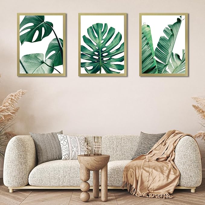 COSCTOR Set of 3 Botanical Wall Art Bathroom Wall Decor Green Plant Picture Monstera Frame Tropical Posters Prints for Home Living Room Bedroom Restroom Decoration(Framed,12x16)