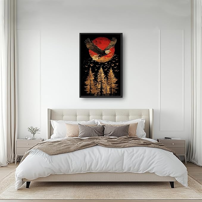 Lovira Bald Eagle Large Wall Art Eagle Japanese Sun Forest Canvas Wall Decor Pictures Prints Painting Framed Modern Vertical Artwork for Living Room Bedroom Bathroom Office 24"x36"