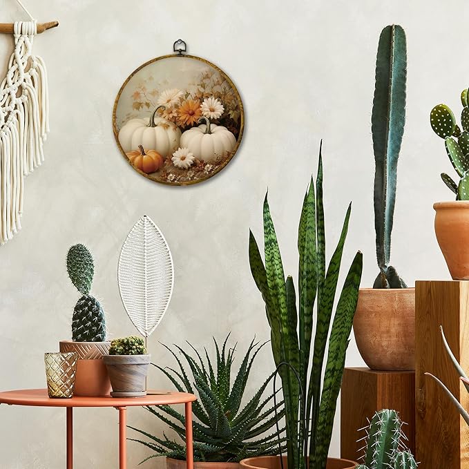 Mcehtle Vintage Fall Pumpkin Wall Art Decor, Retro Autumn Harvest White Pumpkin Floral Framed Canvas Prints 10x10, Rustic Farmhouse Round Wall Hanging Artwork Decorations for Bedroom Living Room Home