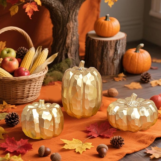 winemana 3 Pack Gold Pumpkins for Decorating – Fall & Thanksgiving Decorations for Home, Table, Fireplace Mantel, Office, Elegant Decorative Pumpkin Autumn Indoor Decor