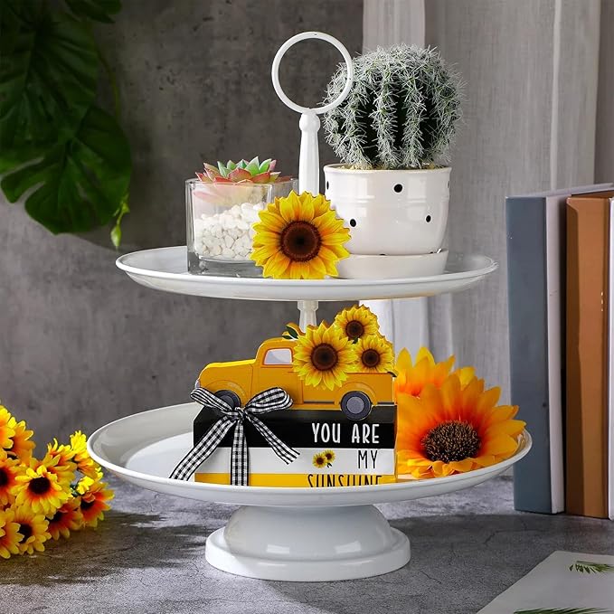 Yookeer 5 Pieces Farmhouse Tiered Tray Decor Items Rustic Wooden Mini Truck Bundle Books Stack Sign for Summer Spring Home Harvest Table Shelf Decorations(Sunflower Style)
