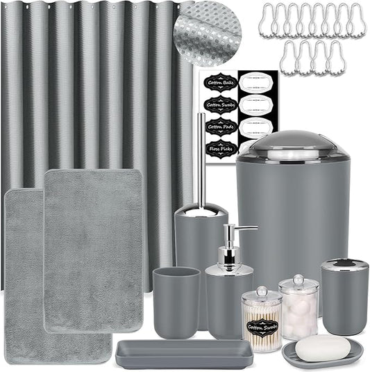 IMAVO Grey Bathroom Accessories,Non Slip Super Absorbent Rugs and Waterproof Shower Curtain with Hooks,Complete Bathroom Set for Bathroom Décor