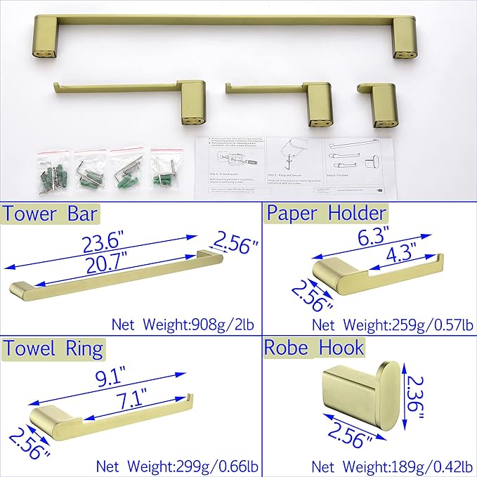 SHAMANDA Bathroom Hardware Set, 4-Piece Bath Accessory Towel Rack Set Brushed Gold Wall Mount Includes 24 Inch Towel Bar, Towel Robe Hook, Toilet Roll Paper Holder, Hand Tower Holder, BAS101-3