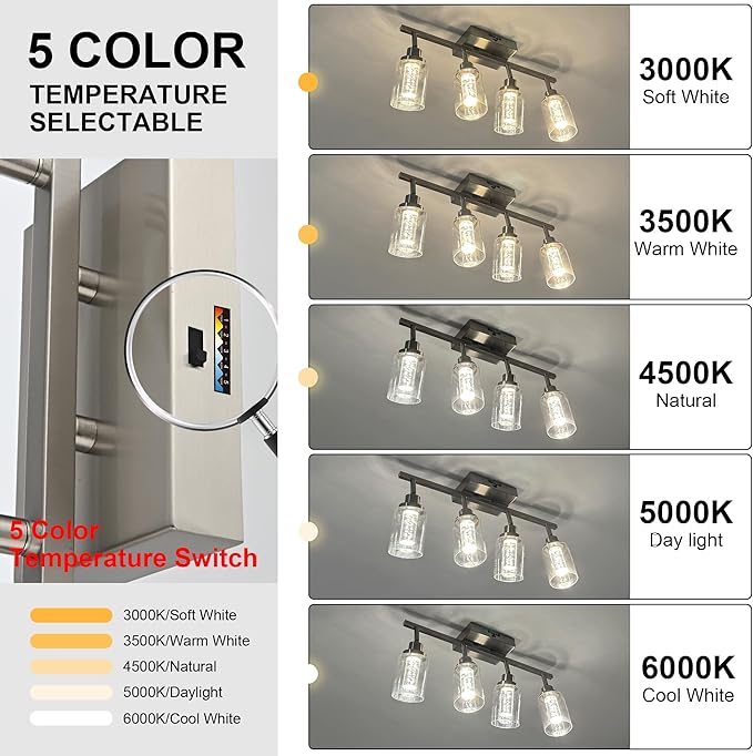 MELUCEE 3-Light LED Track Lighting Brushed Nickel Modern Ceiling Light Bathroom Wall Light with Flexibly Pivoting Heads, Built-in LED Chips, 5-Color Temperature Adjustable