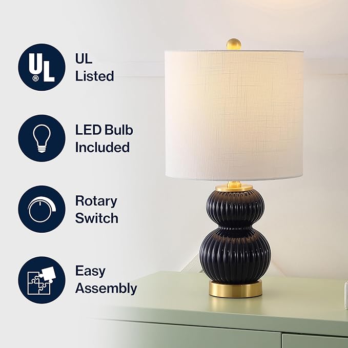 JONATHAN Y JYL1099D Daphne 20" Contemporary Transitional Metal/Glass Ribbed Gourd LED Table Lamp Bedroom, Living Room, Office, Dining Room, Navy/Brass Gold