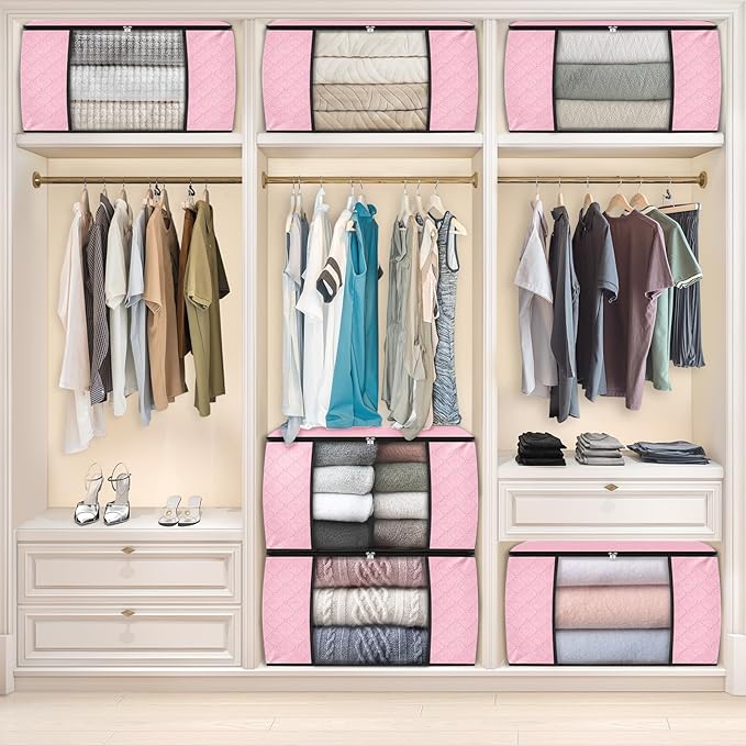 Fab totes 8 Pack Clothes Storage, Foldable Thick Fabric Blanket Storage Bags, Containers for Organizing Bedroom, Closet, Clothing, Comforter,Organization with Handle,Pink