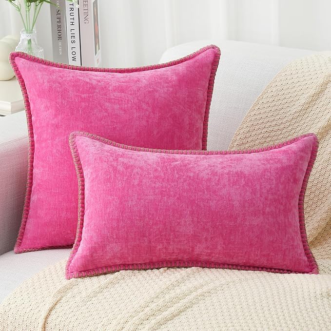 decorUhome Chenille Soft Throw Pillow Covers 16x16 Set of 2, Farmhouse Velvet Neutral Decorative Euro Pillow Covers with Stitched Edge for Couch Sofa Bed Home Decor, Hot Pink
