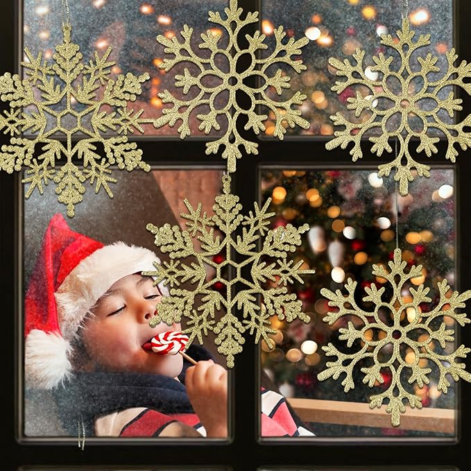 12pcs Large Christmas Snowflakes Decorations, 12" Big Plastic Glitter Gold Snowflake Ornaments for Winter Indoor Outdoor Christmas Tree Holiday Window Room Decor Craft Snowflakes