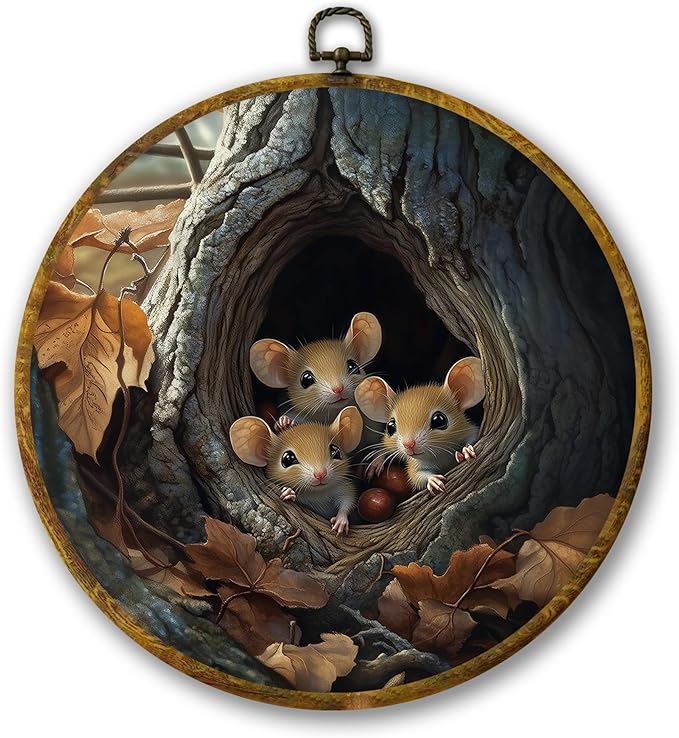 Mcehtle Fall Rat Wall Art Decor, Retro Cottagecore Autumn Mouse Maple Leaf Framed Canvas Prints 10x10, Rustic Country Animal Farmhouse Round Wall Hanging Artwork Decorations for Bedroom Living Room