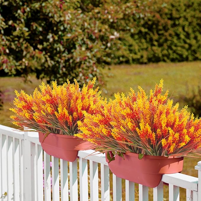 20 Bundles Artificial Plants Outdoor Fake Monkey Grass with Flowers (Fall Red)