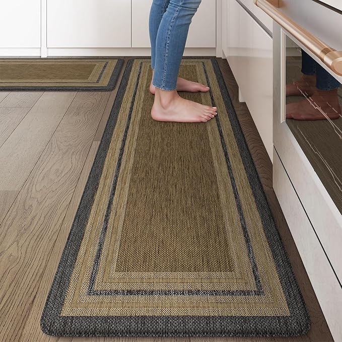 KIMODE Anti Fatigue Mats for Kitchen Floor 17.3"x29"+17.3"x59", Farmhouse Kitchen Rugs Sets of 2, Memory Foam Kitchen Mat for Floor, Comfort Standing Mats for Laundry Office Sink Desk Grey/Brown