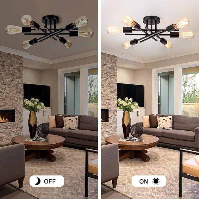 Sputnik Chandeliers, Modern Semi Flush Mount Ceiling Light with E26 Base, Mid Century Industrial Kitchen Farmhouse Light Fixtures for Bedroom Living Room (Black, Ceiling 6 Lights)