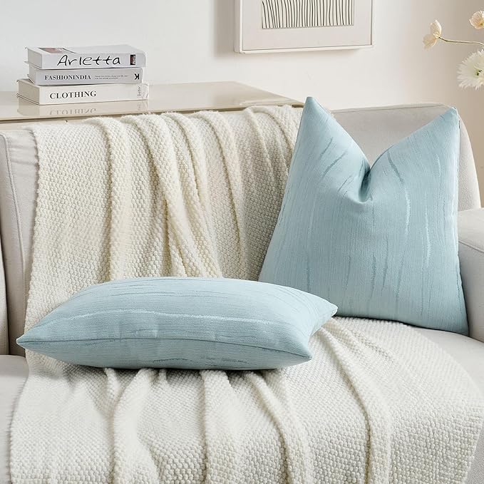FUTEI Light Blue Chenille Decorative Throw Pillow Covers 20x20 Inch Set of 2,Soft Embossed Striped Textured Cushion Case,Modern Home Decor for Couch Bed Living Room
