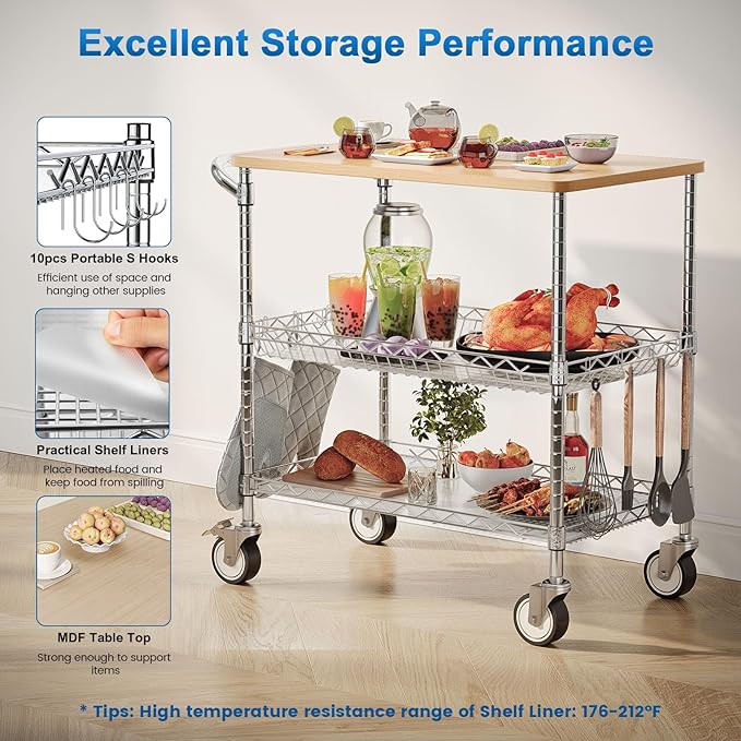 Leteuke Rolling Kitchen Carts with Wheels, 34" L x 17.5" W, 3-Tier Heavy Duty Utility Cart with Wood Tabletop, NSF Commercial Metal Serving Cart with Handle and Shelf Liner for Kitchen, Chrome