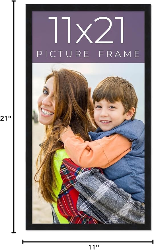 11x21 Frame Black Real Wood Picture Frame Width 0.75 Inches | Interior Frame Depth 0.5 Inches | Noir Classique Mid Century Photo Frame Complete with UV Acrylic, Foam Board Backing & Hanging Hardware
