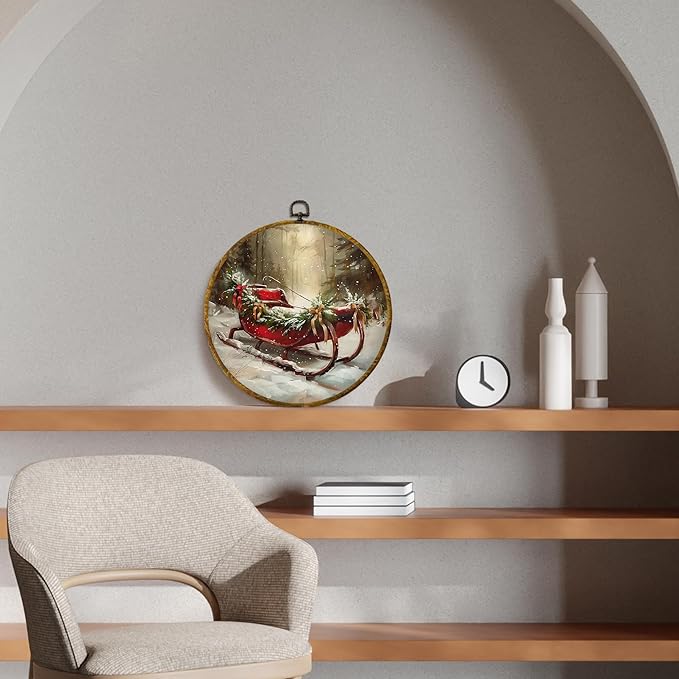 CUANFDDSF Vintage Christmas Sleigh Round Wall Art Decor, Rustic Farmhouse Winter Xmas Sleigh Holiday Wall Hanging Frame Decor, Cozy Christmas Canvas Prints Decorations for Home Bedroom, 10x10 Inch